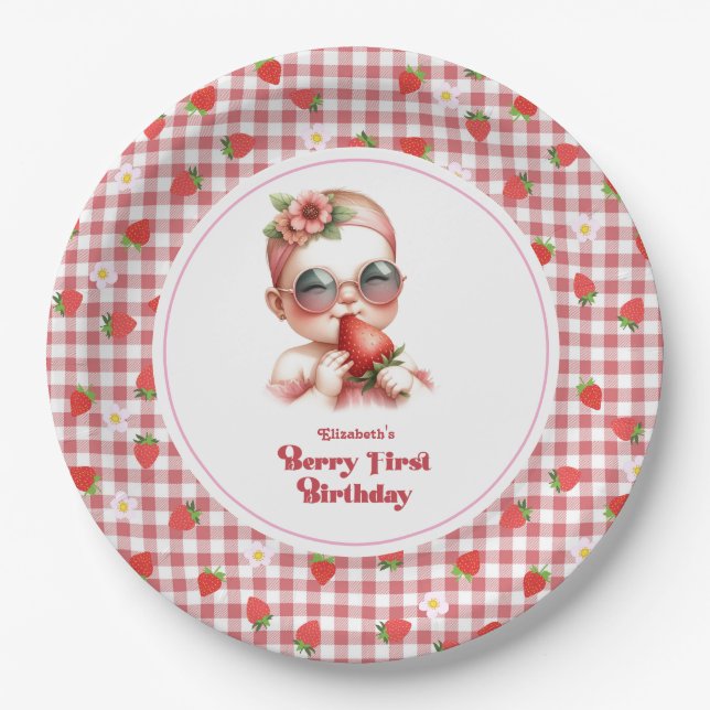 Berry First Birthday Gingham Paper Plate (Front)