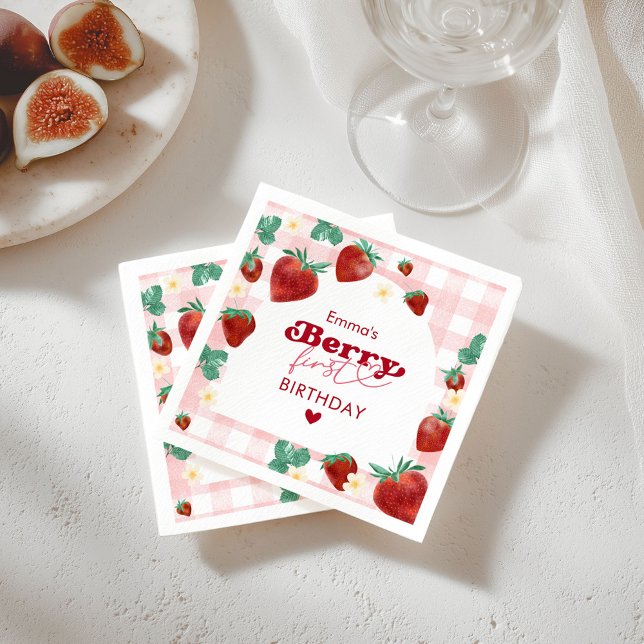 Berry First Birthday Girl 1st Birthday Strawberry Napkin (Creator Uploaded)