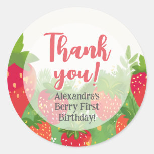 Berry First Birthday Girls Strawberry Thank You Classic Round Sticker