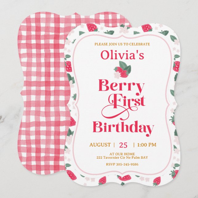Berry First Birthday Invitation | Red Strawberry (Front/Back)