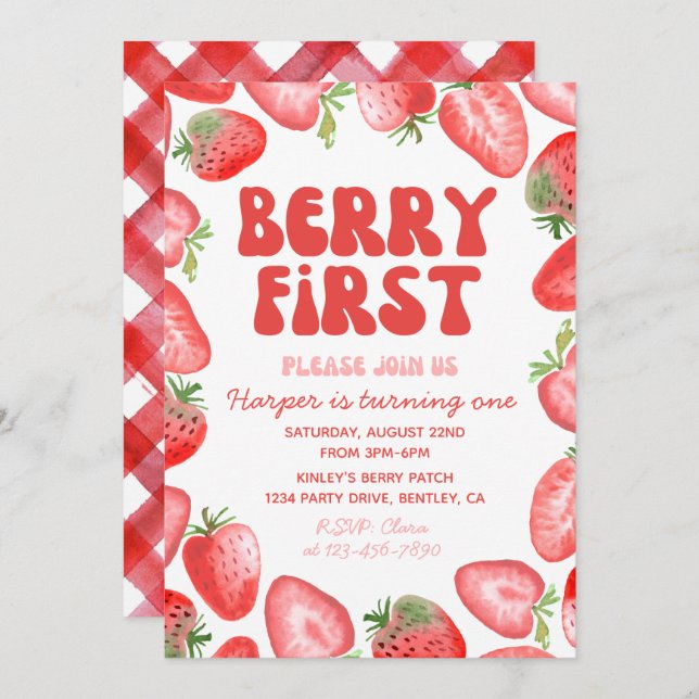 Berry First Birthday Invitation | Retro Strawberry (Front/Back)