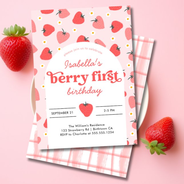 Berry First Birthday Invitation Strawberry (berry first pink girl 1st birthday invitation)