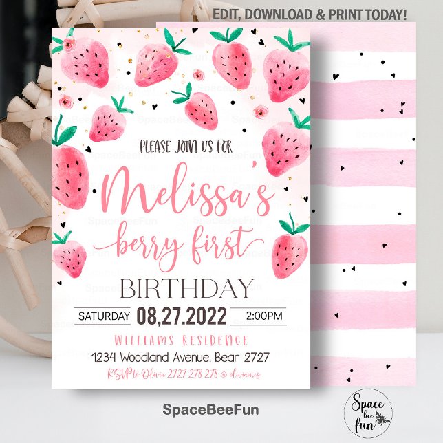 Berry First Birthday Invitation Strawberry Birthda (Strawberry invite,First Birthday,Evite Electronic,Text Message,modern Berry,1st girl,Strawberry Part)