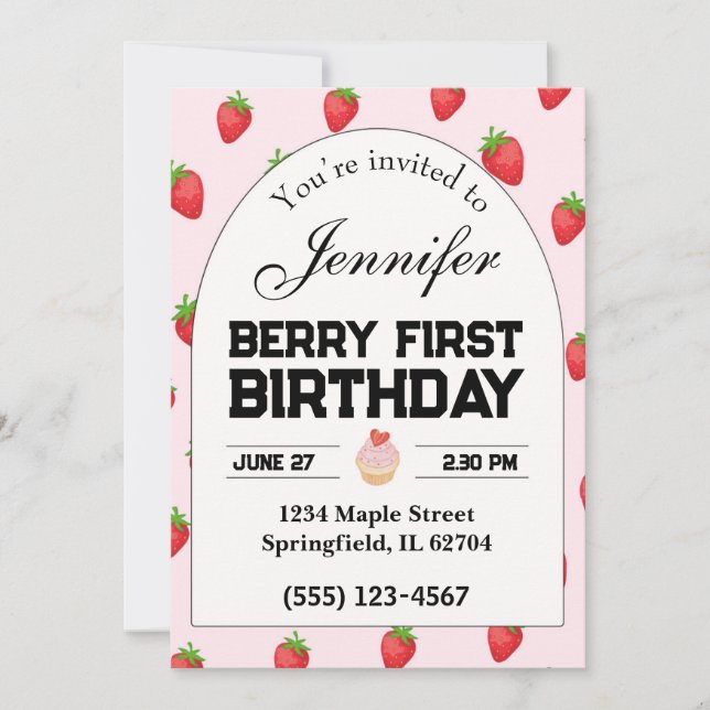 Berry First Birthday Invitation Strawberry Invite (Front)