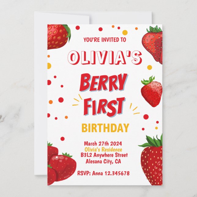 Berry First Birthday Invitation Strawberry Party (Front)