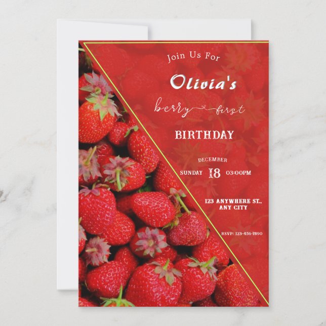Berry First Birthday Invitation | Strawberry Theme (Front)