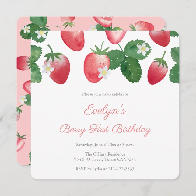 Berry First Birthday Party Strawberries Invitation (Front/Back)