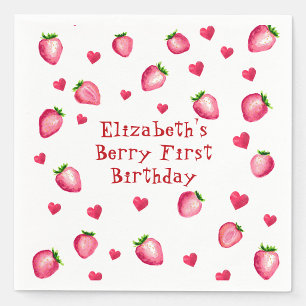 Berry First Birthday Party Strawberry Hearts Napkin