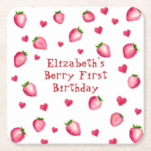 Berry First Birthday Party Strawberry Hearts  Square Paper Coaster