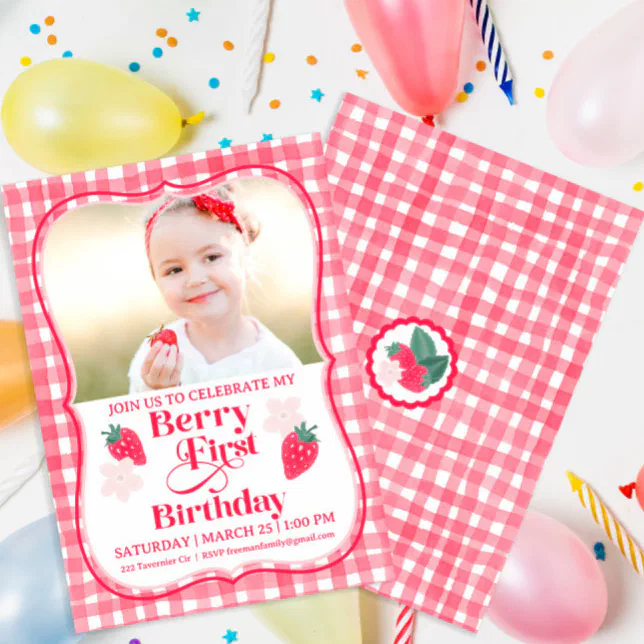 Berry First Birthday Photo Strawberry Girls 1st Invitation | Zazzle
