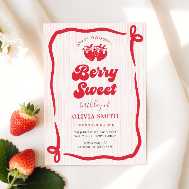 Berry First Birthday Pink Bow 1st Birthday Invitation (Creator Uploaded)