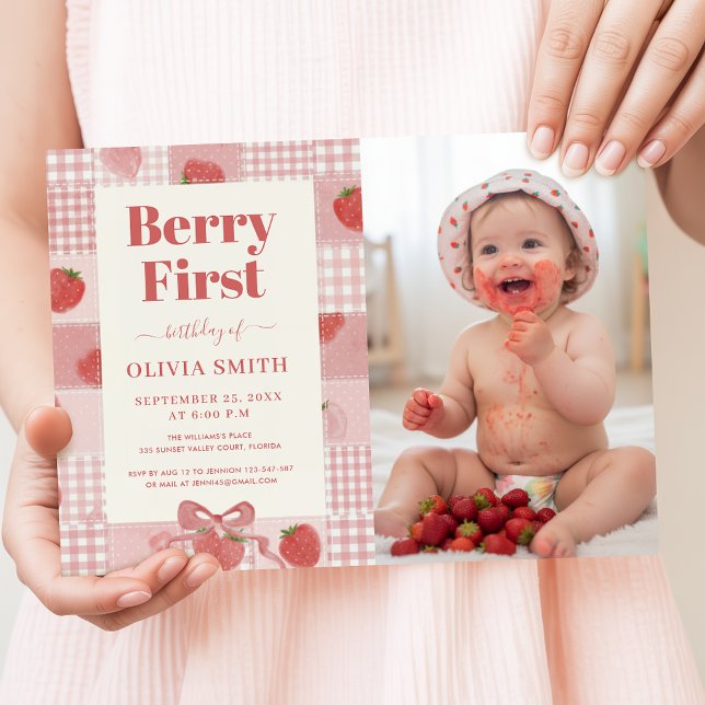 Berry First Birthday Pink Bow Cute Photo Invitation (Creator Uploaded)