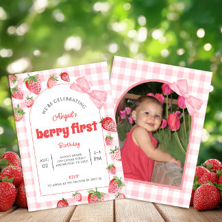 Berry First Birthday Pink Bow Gingham Photo Invitation
