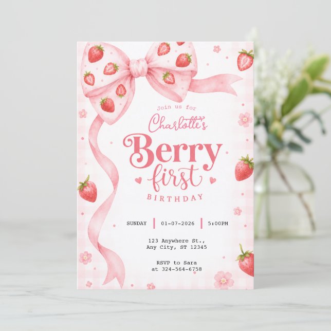 Berry First Birthday Pink Bow Strawberry Invitation (Standing Front)