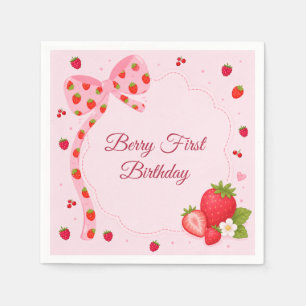 Berry First Birthday Pink Bow Strawberry Napkin