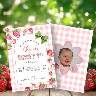 Berry First Birthday Pink Gingham Photo Invitation