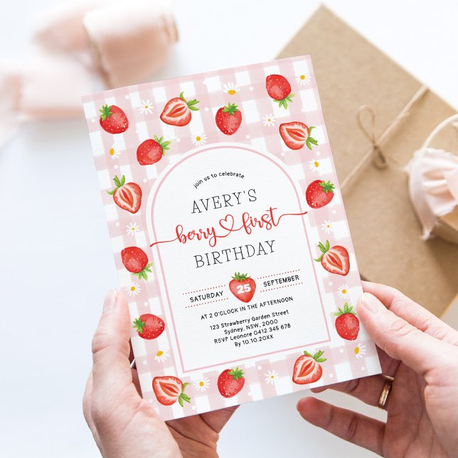 Berry First Birthday | Pink Gingham Strawberry Invitation (Creator Uploaded)