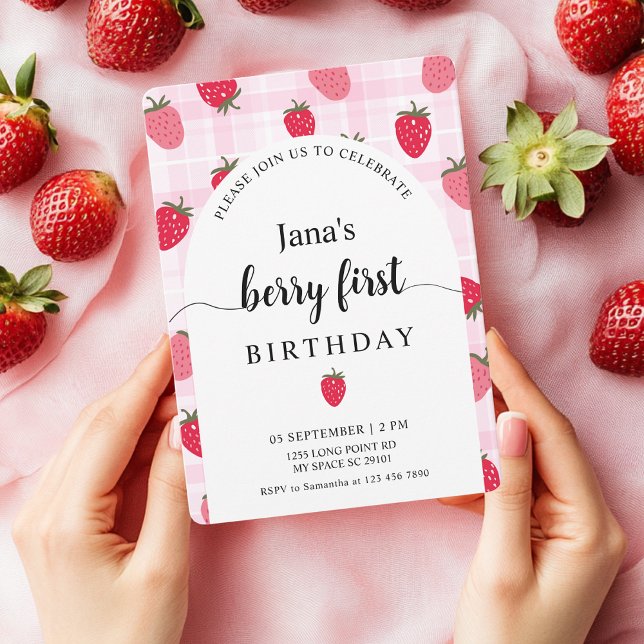Berry First Birthday | Pink Plaid & Strawberry Invitation (Creator Uploaded)