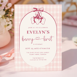 Berry First Birthday Pink Red Bow Strawberry Invitation