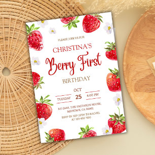 Berry first birthday pink strawberry cute girl invitation