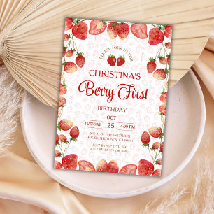 Berry first birthday pink strawberry cute girl invitation