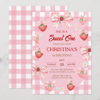 Berry first birthday pink strawberry gingham girl invitation