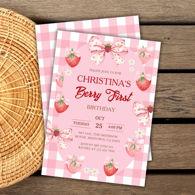 Berry first birthday pink strawberry gingham girl invitation (Creator Uploaded)