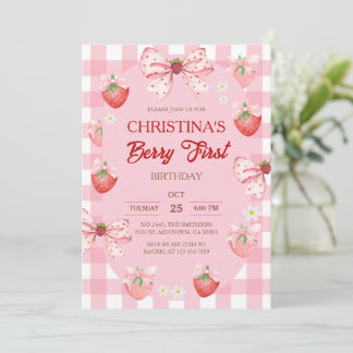 Berry first birthday pink strawberry gingham girl invitation