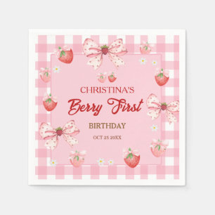 Berry first birthday pink strawberry gingham girl napkin