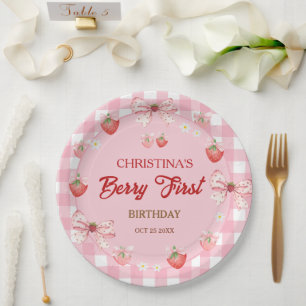 Berry first birthday pink strawberry gingham paper plate