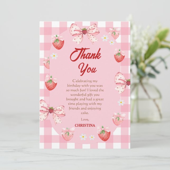 Berry first birthday pink strawberry gingham sweet thank you card (Standing Front)