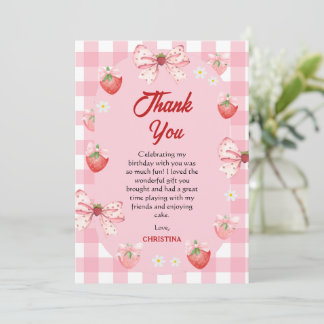 Berry first birthday pink strawberry gingham sweet thank you card