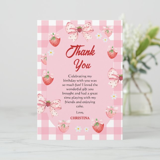 Berry first birthday pink strawberry gingham sweet thank you card (Standing Front)