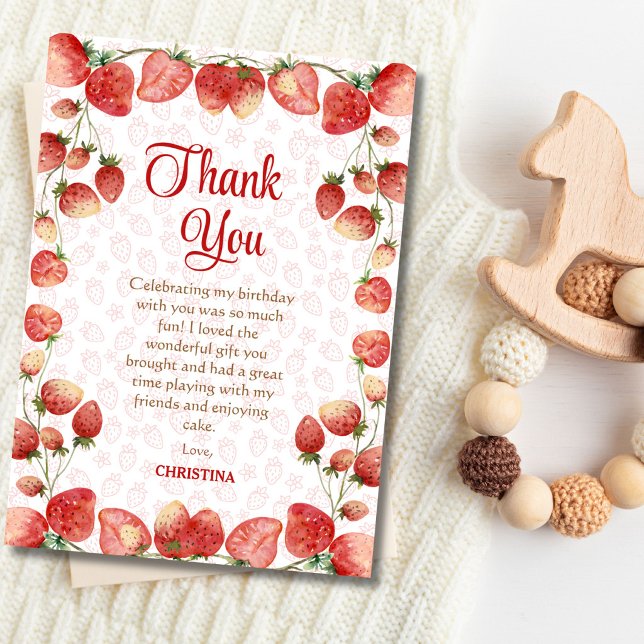Berry first birthday pink strawberry sweet girl thank you card (Creator Uploaded)