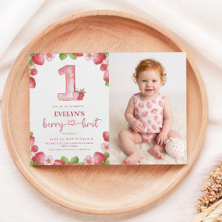 Berry First Birthday Pink Watercolor Baby Photo Invitation