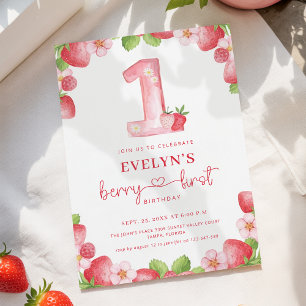 Berry First Birthday Pink Watercolor Strawberry Invitation