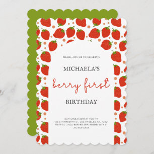 Berry First Birthday Red Strawberries Scallop Invitation