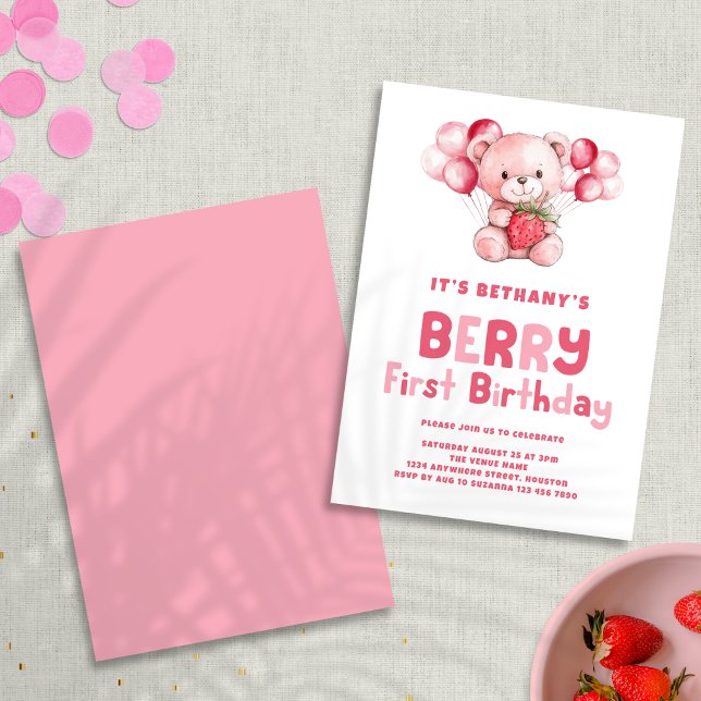 Berry First Birthday Strawberry 1st Birthday Invitation (Front and back view)