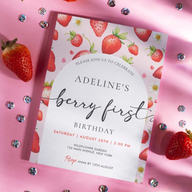 Berry First Birthday Strawberry 1st Birthday Party Invitation (Girl Berry First Birthday Party Strawberry Invitation )