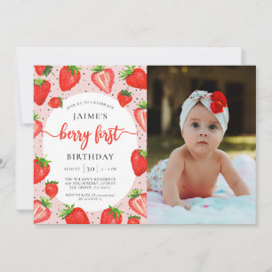 Berry First Birthday Strawberry 1st Birthday Photo Invitation