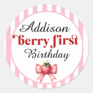 Berry First Birthday Strawberry and bow Classic Round Sticker