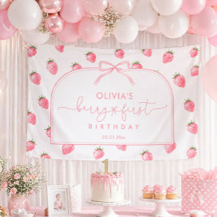 Berry First Birthday Strawberry Backdrop Pink Girl Banner