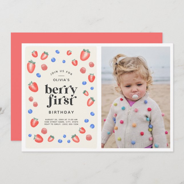 Berry First Birthday Strawberry Birthday  Invitati Invitation (Front/Back)