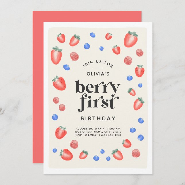 Berry First Birthday Strawberry Birthday  Invitation (Front/Back)