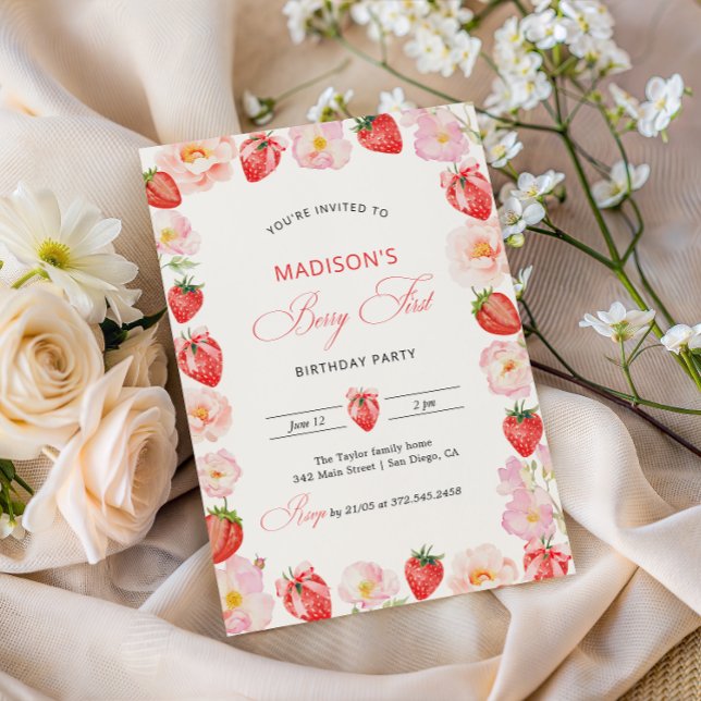 Berry First Birthday Strawberry Bow 1st Birthday Invitation (Creator Uploaded)