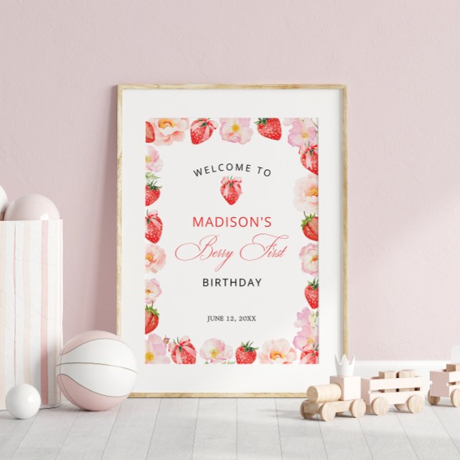 Berry First Birthday Strawberry Bow Welcome Poster (Creator Uploaded)
