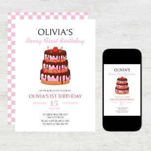 Berry First Birthday Strawberry Cake Birthday  Invitation
