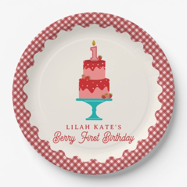 Berry First Birthday Strawberry Cake Paper Plate (Front)