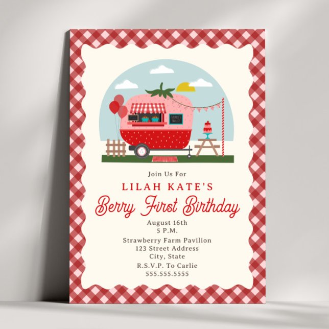 Berry First Birthday Strawberry Camper Invitation (Creator Uploaded)