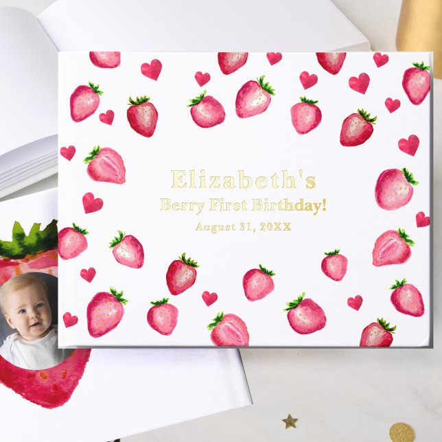 Berry First Birthday Strawberry Custom Photo Gold Guest Book (Creator Uploaded)